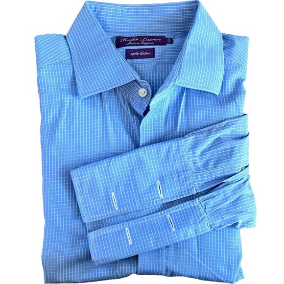Ralph Lauren Purple Label Blue Check French Cuff Spread Collar Large 16.5/37 - Picture 1 of 8